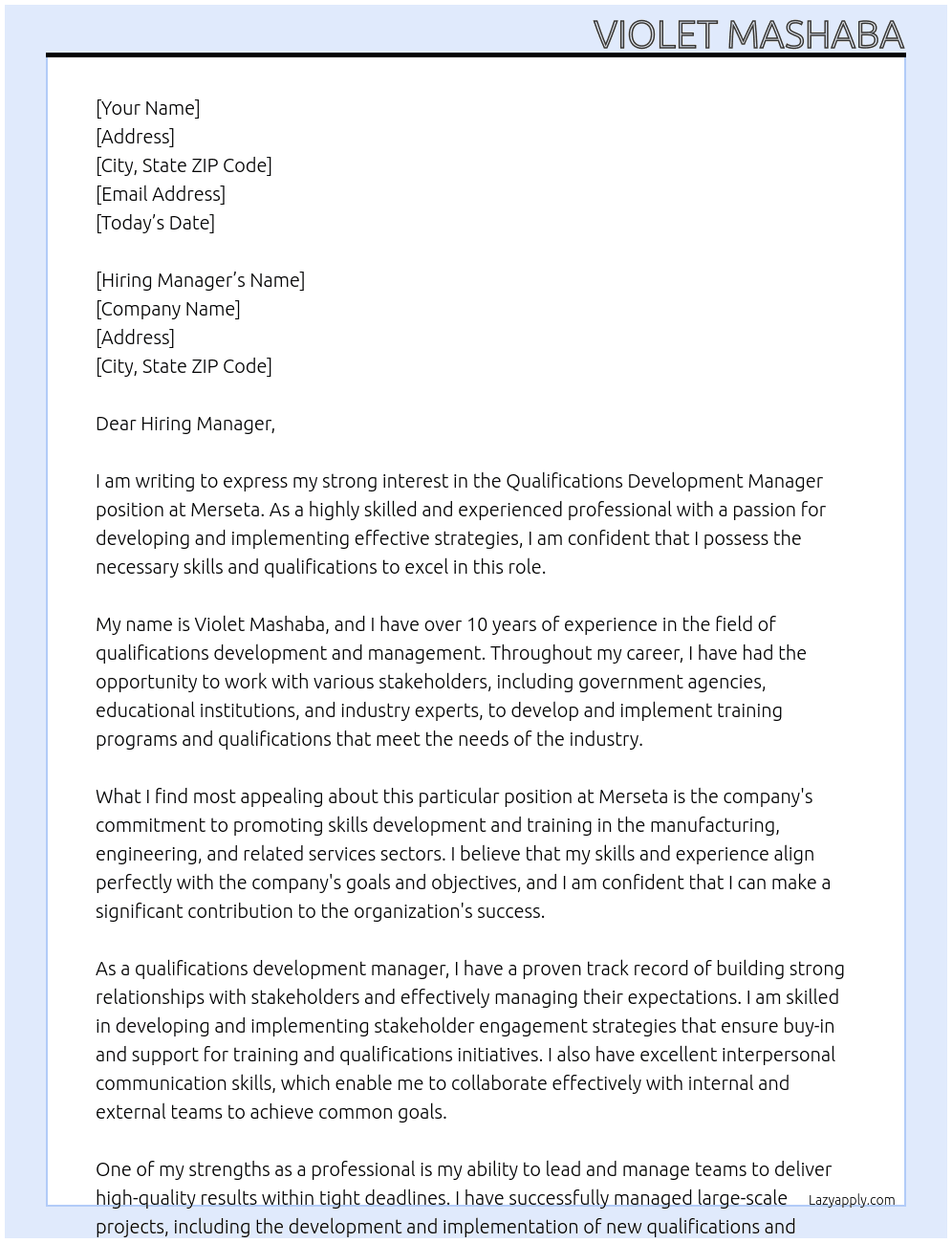 Qualifications development manager At Merseta Cover Letter