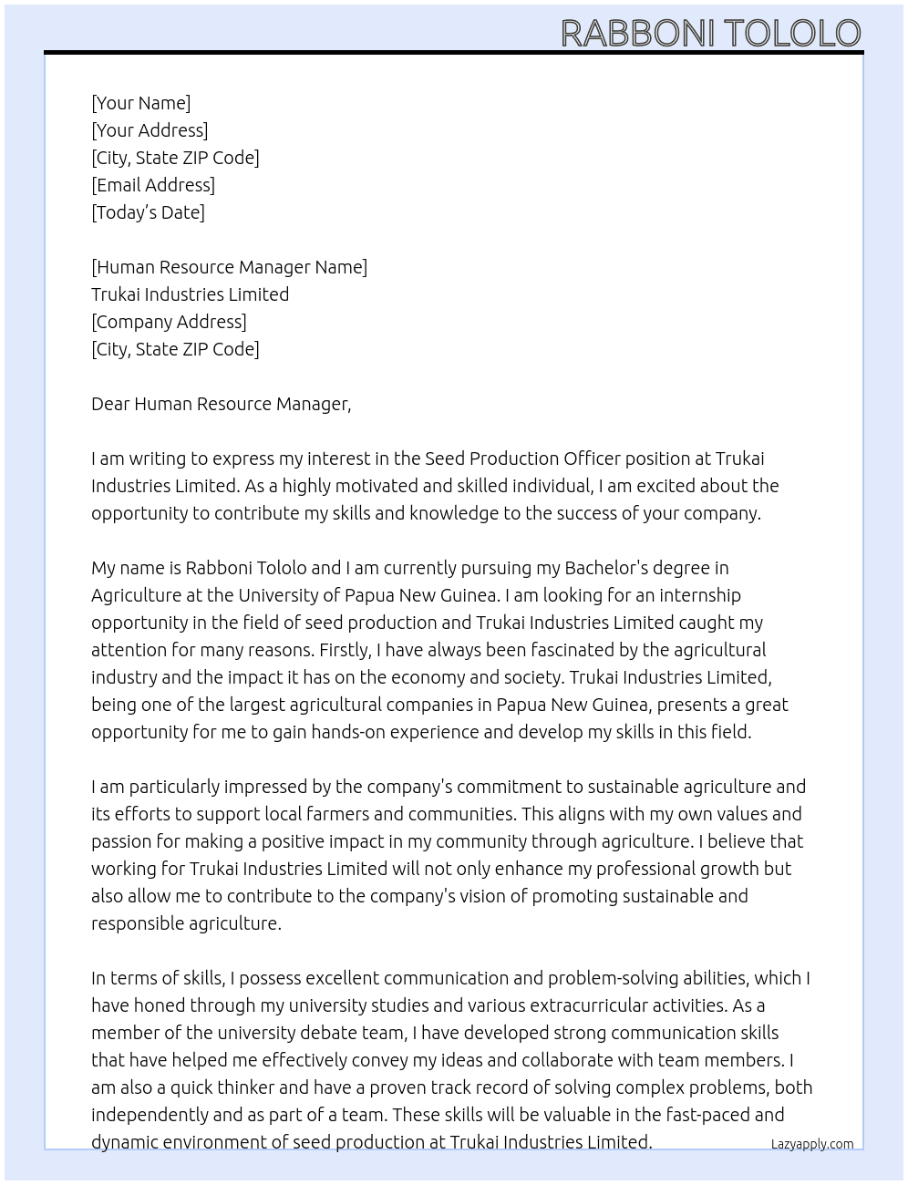 Seed Production Officer At Trukai Industries Limited Cover Letter