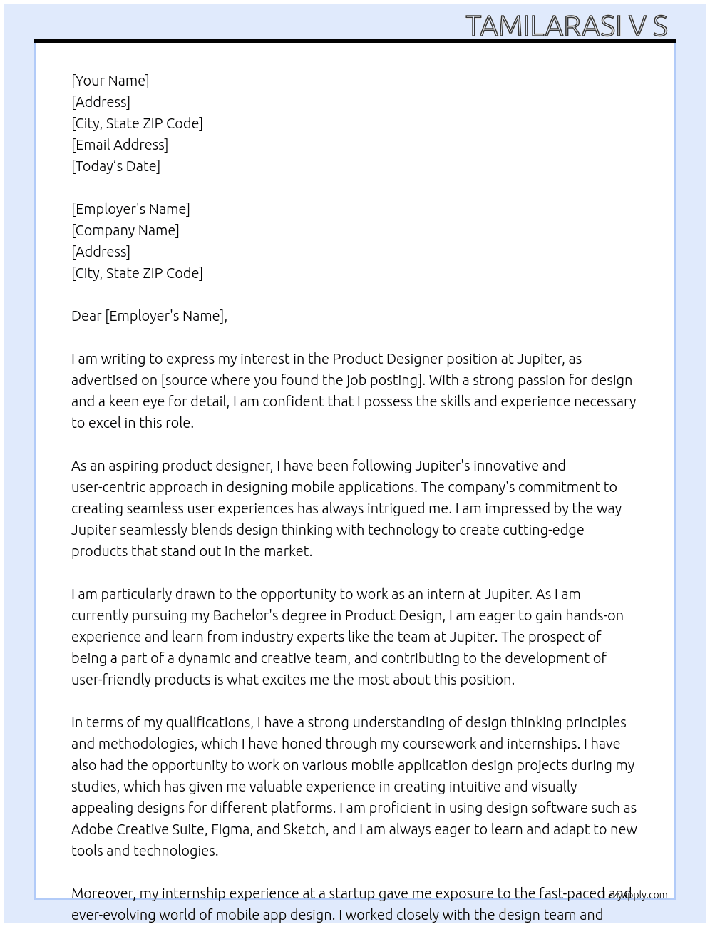 Product designer  At Jupiter  Cover Letter