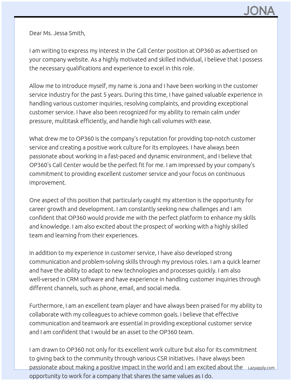 Call Center  At OP360 Cover Letter