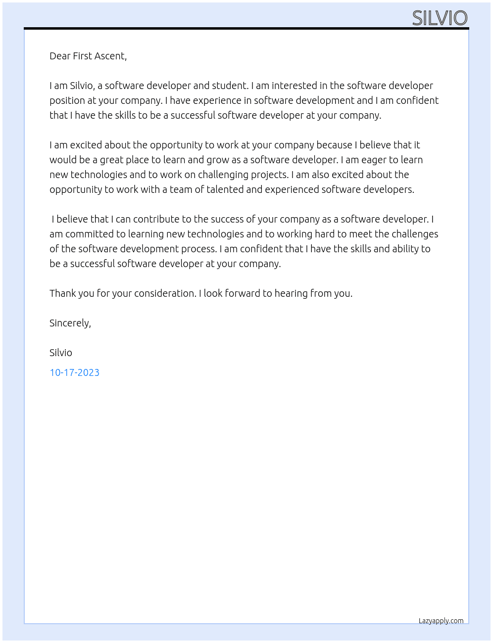 software developer and student At First ascent Cover Letter