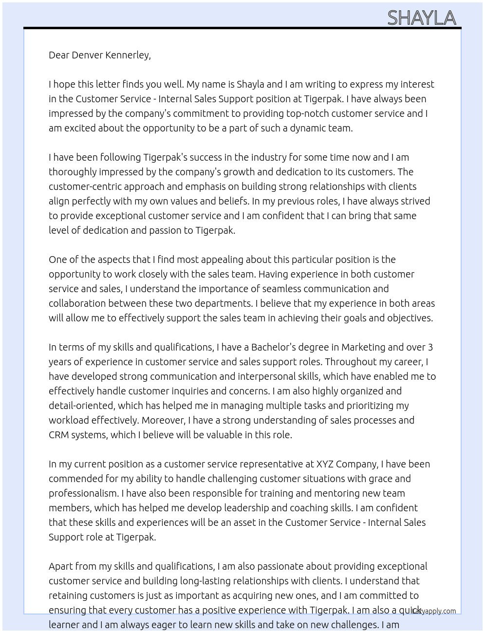 Customer Service - Internal Sales Support At Tigerpak Cover Letter