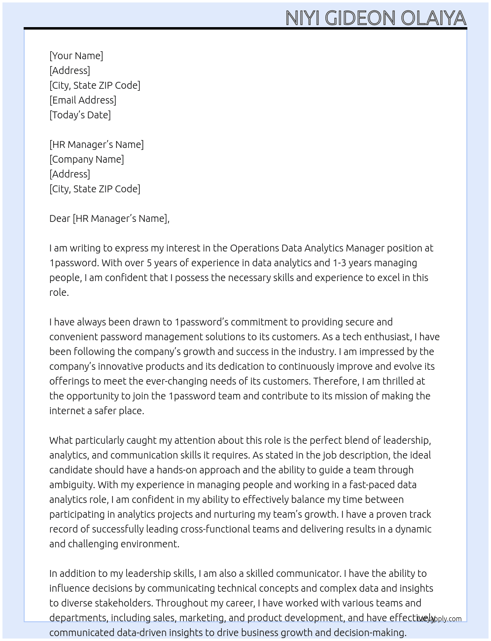 Operations Data Analytics Manager At 1password Cover Letter