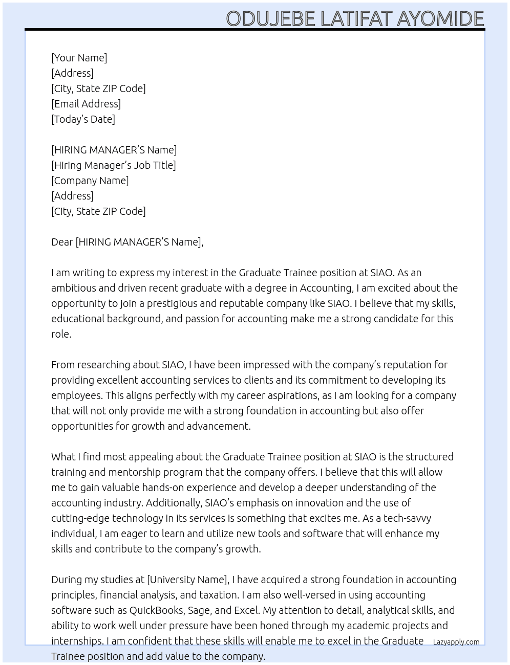 Graduate Trainee At SIAO Cover Letter