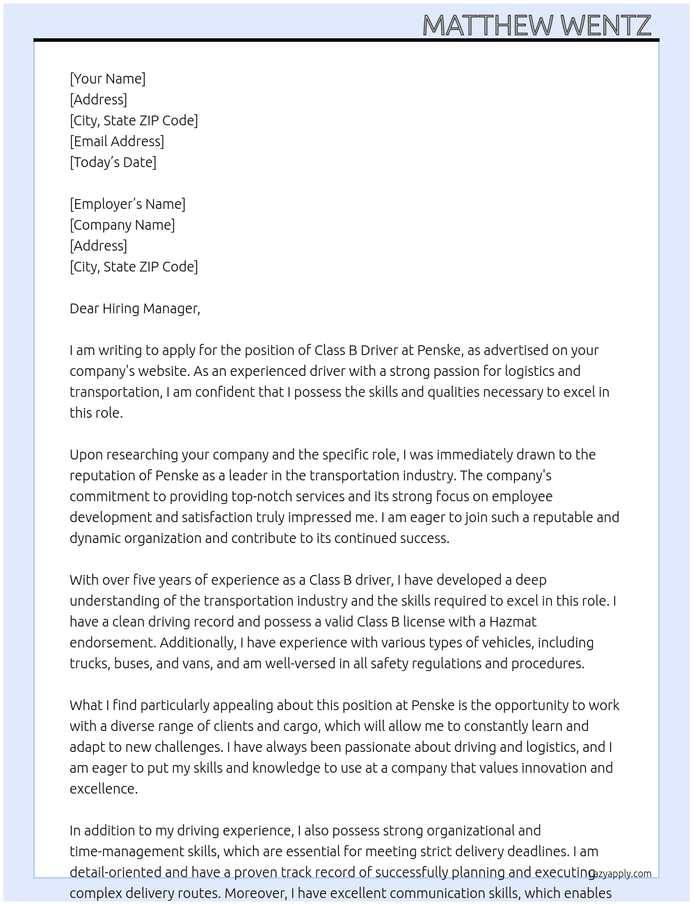 Class B Driver At Penske Cover Letter