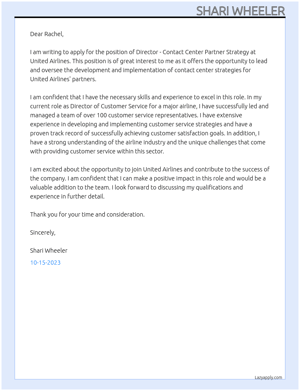 Director - Contact Center Partner Strategy At United Airlines Cover Letter