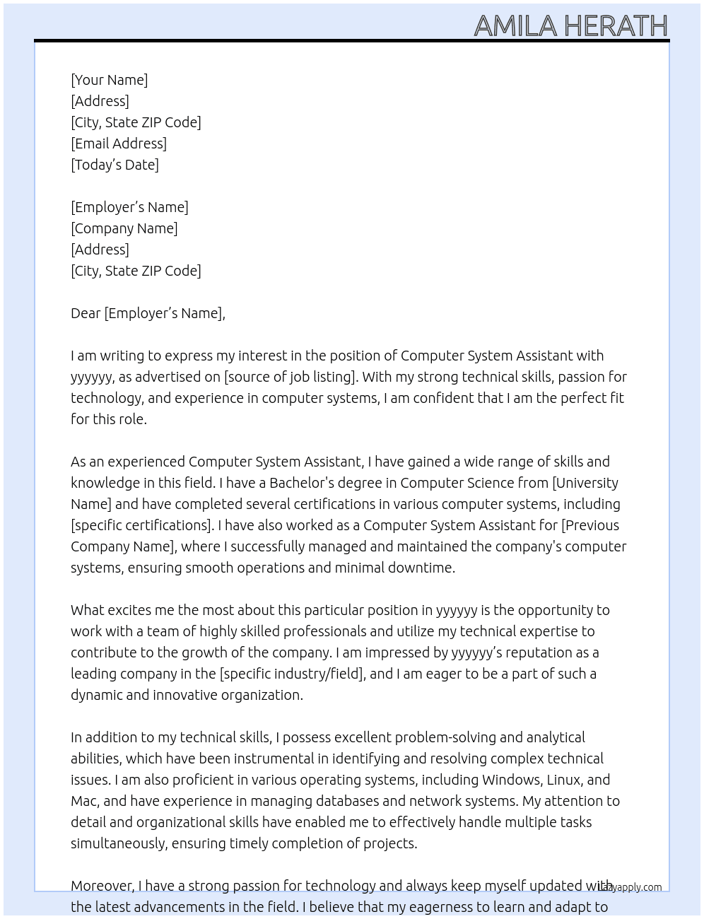 Computer System Assistant At yyyyyy Cover Letter