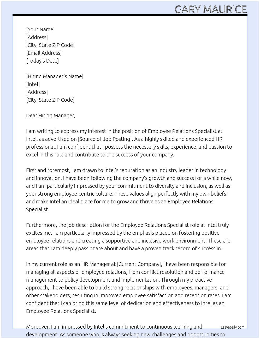 Employee Relations Specialist At Intel Cover Letter