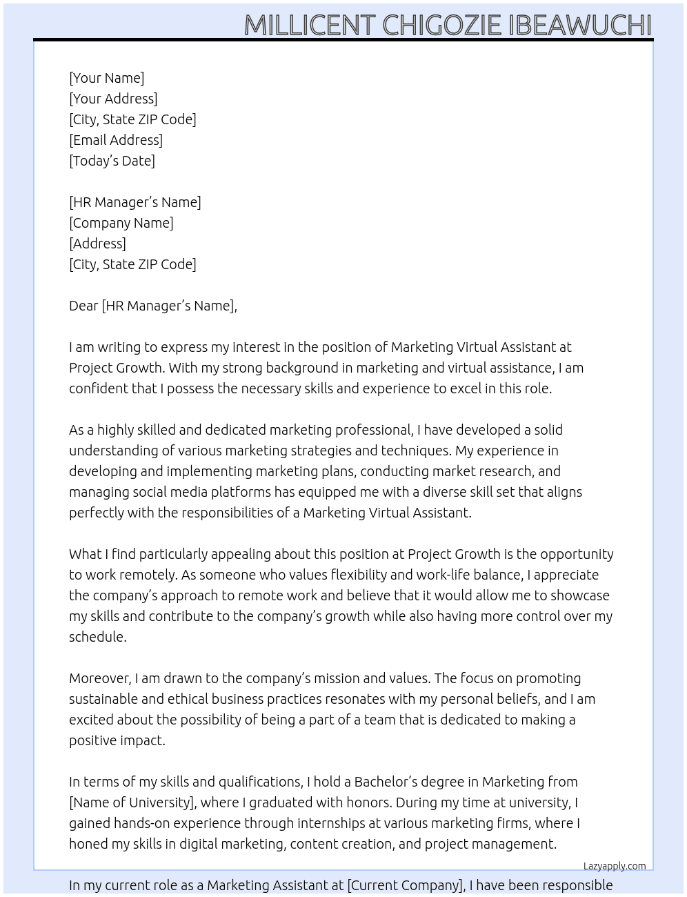 marketing virtual assistant At project growth Cover Letter