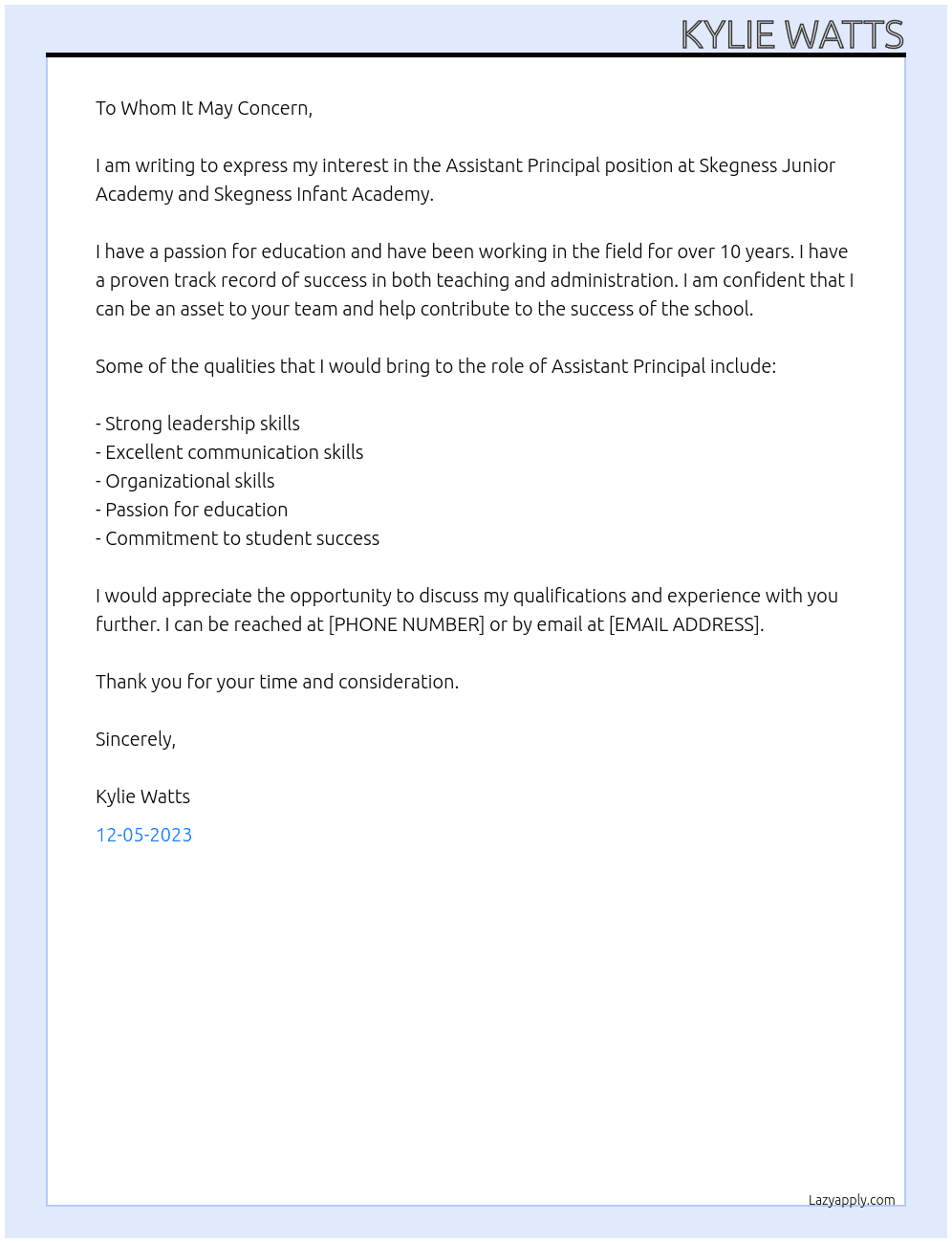 Assistant Principal At Skegness Junior Academy and Skegness Infant ACademy Cover Letter
