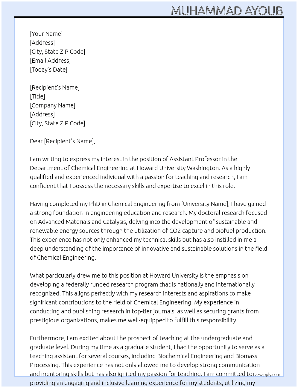 Assistant Professor in Department of Chemical Engineering At Howard University Washington Cover Letter