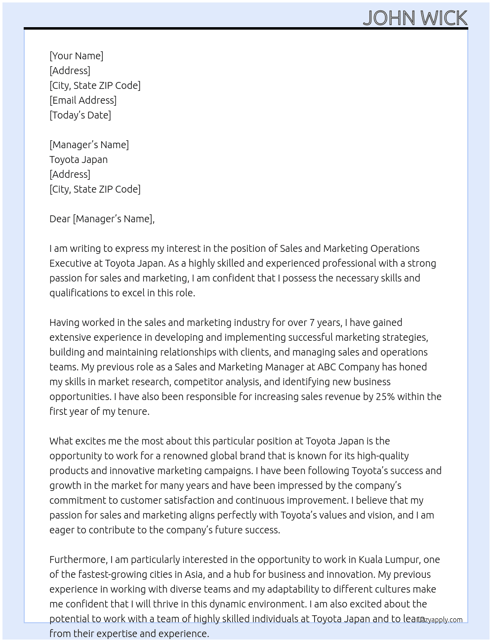 Sales and Marketing Operations Executive At Toyota Japan Cover Letter