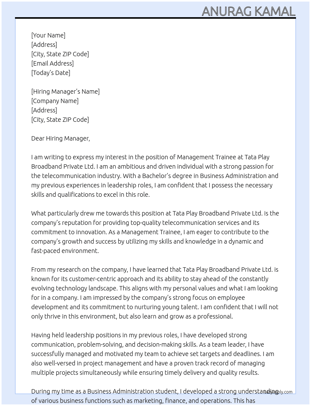 Management Trainee At Tata  Play Broadband Private Ltd. Cover Letter