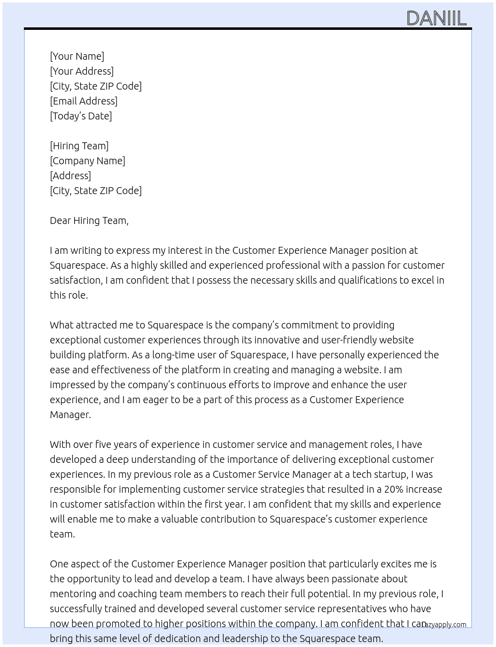 Customer Experience Manager At Squarespace Cover Letter