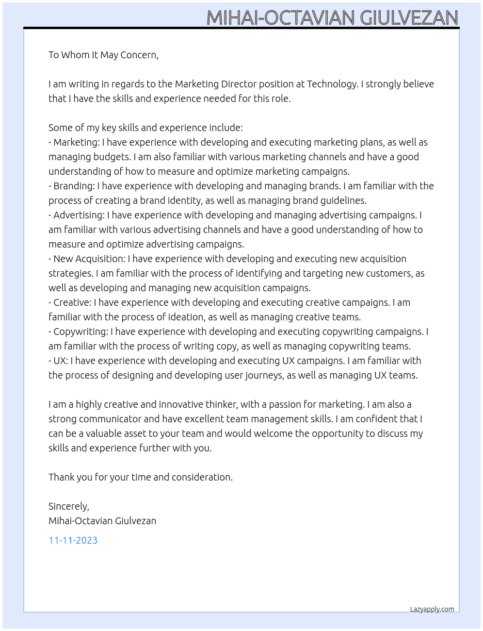 Marketing Director At Technology Cover Letter