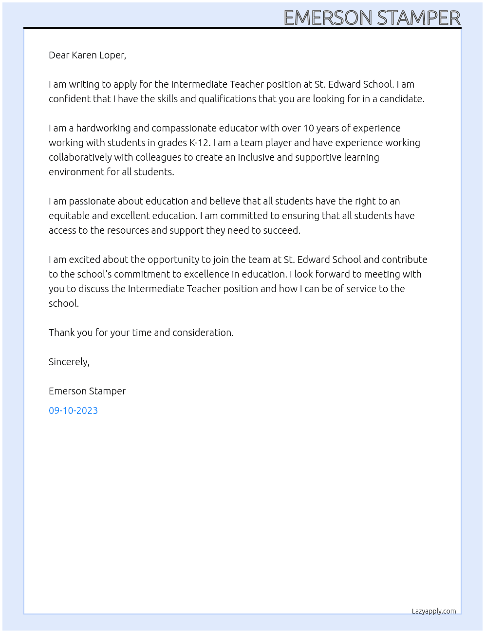 Intermediate Teacher At St. Edward School Cover Letter