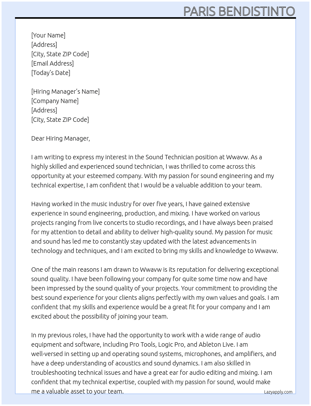 Sound Technician At Wwavw Cover Letter