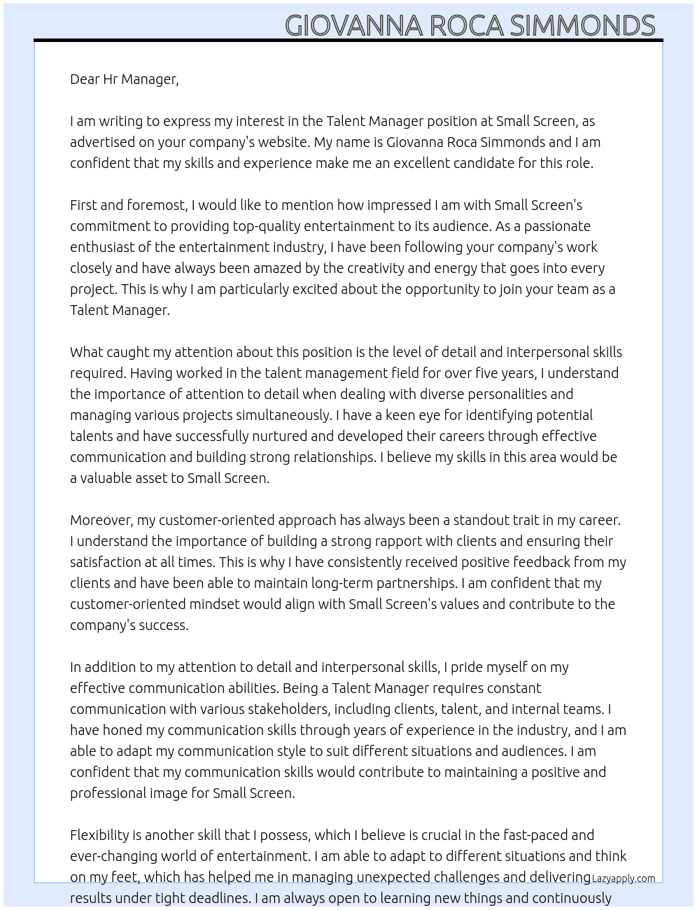 Talent Manager  At Small Screen Cover Letter