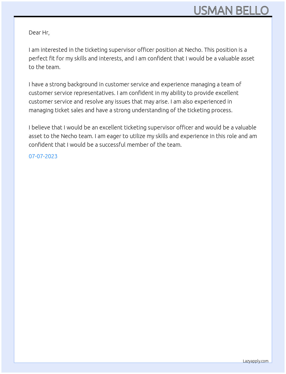 Ticketing supervisor officer  At Necho  Cover Letter