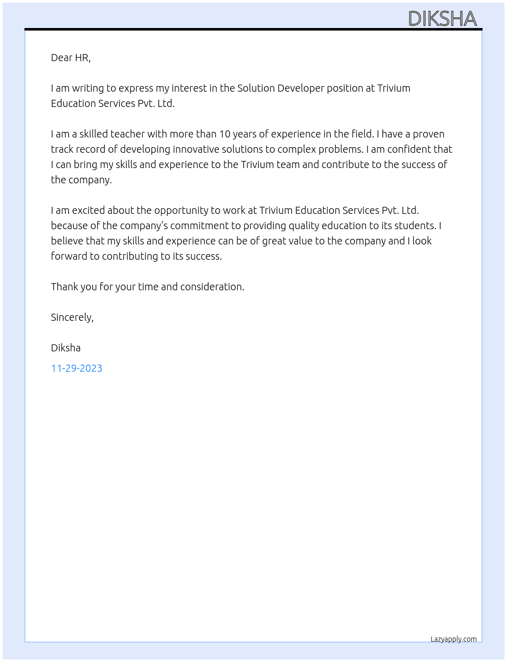 solution developer At Trivium Education Services Pvt. Ltd Cover Letter