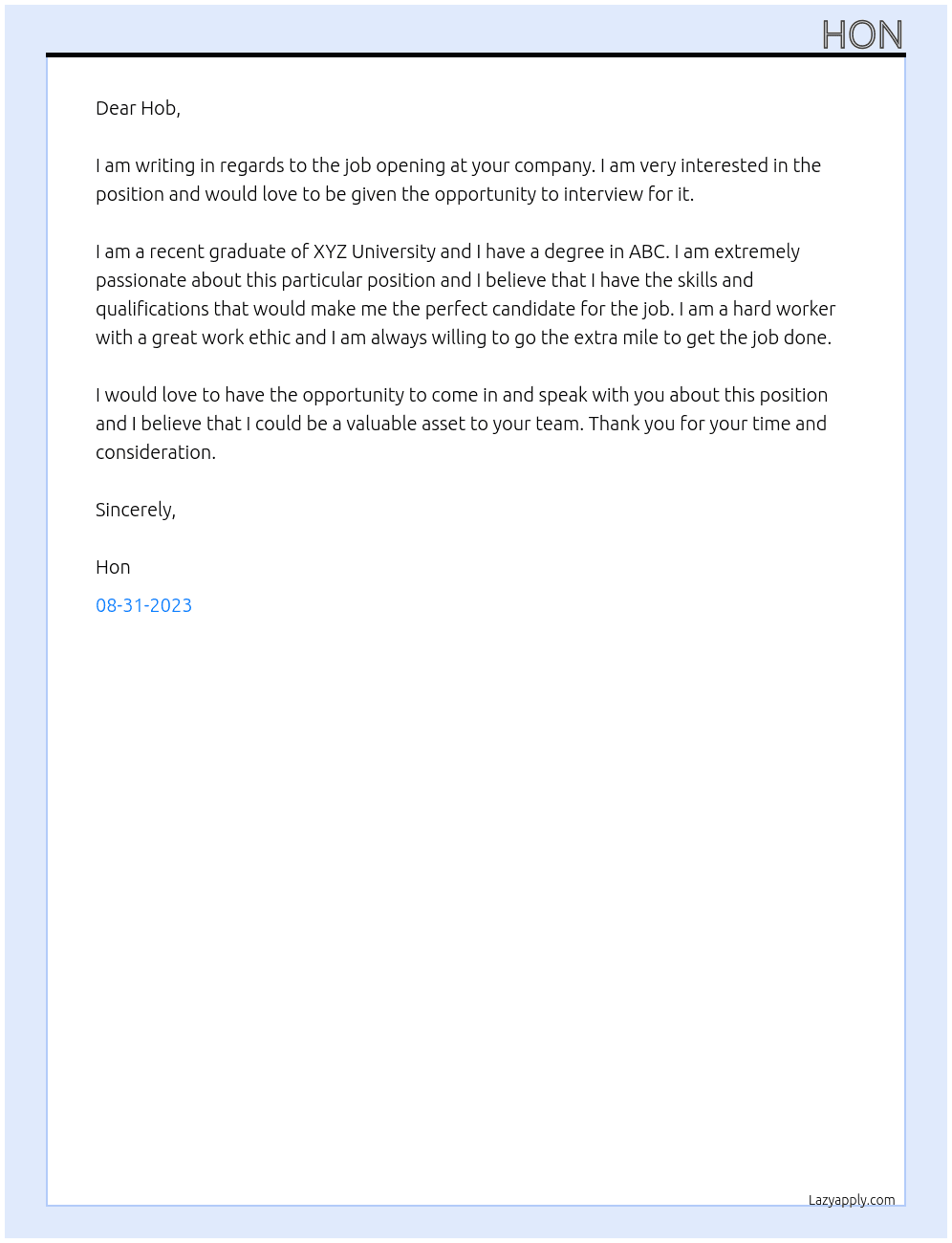 job At hob Cover Letter