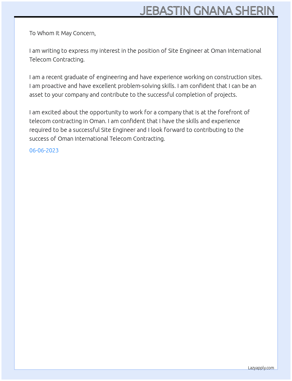 Site engineer At Oman international telecom contracting Cover Letter