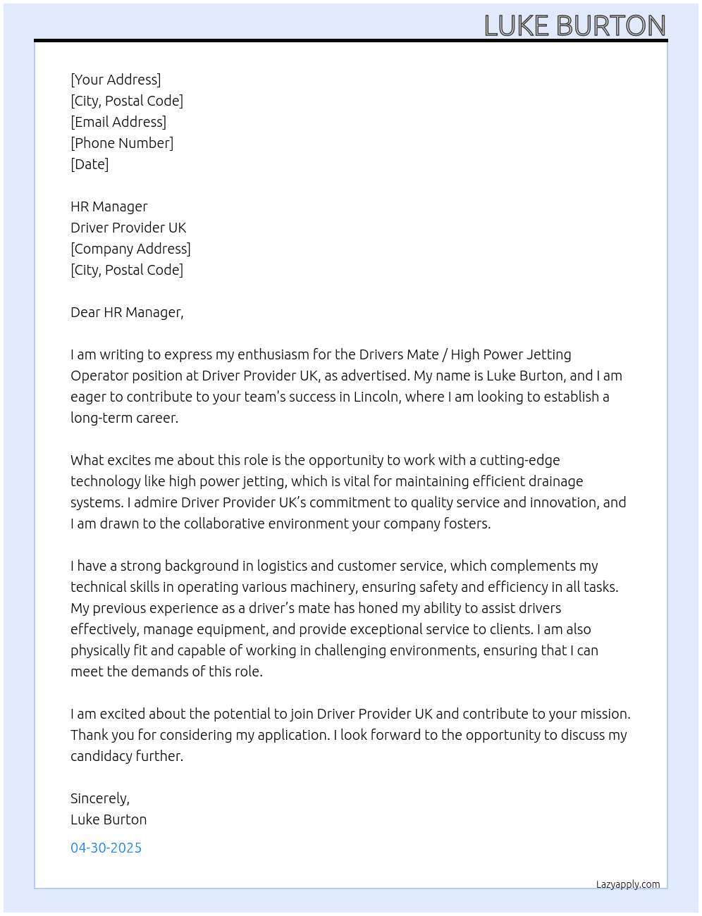 Drivers Mate / High Power Jetting Operators At Driver Provider UK Cover Letter