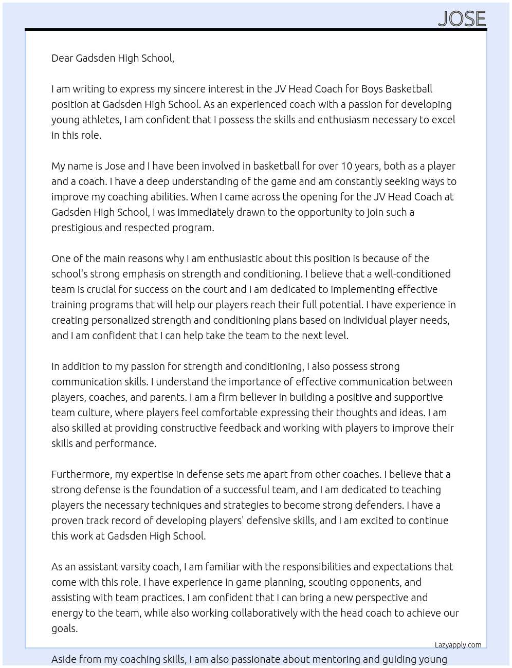 JV head coach boys basketball At Gadsden High School Cover Letter