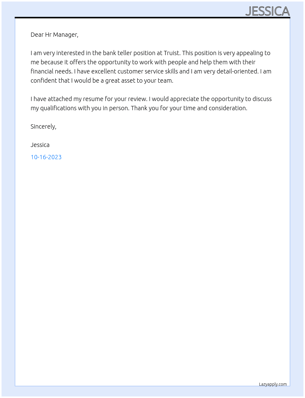bank teller At Truist Cover Letter