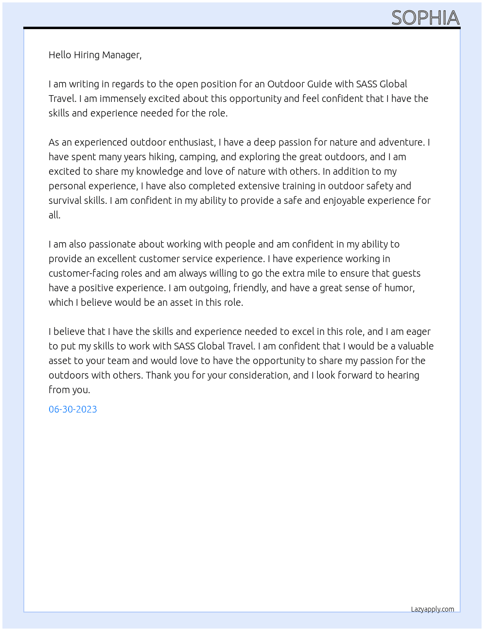 Outdoor guide At SASS Global Travel  Cover Letter