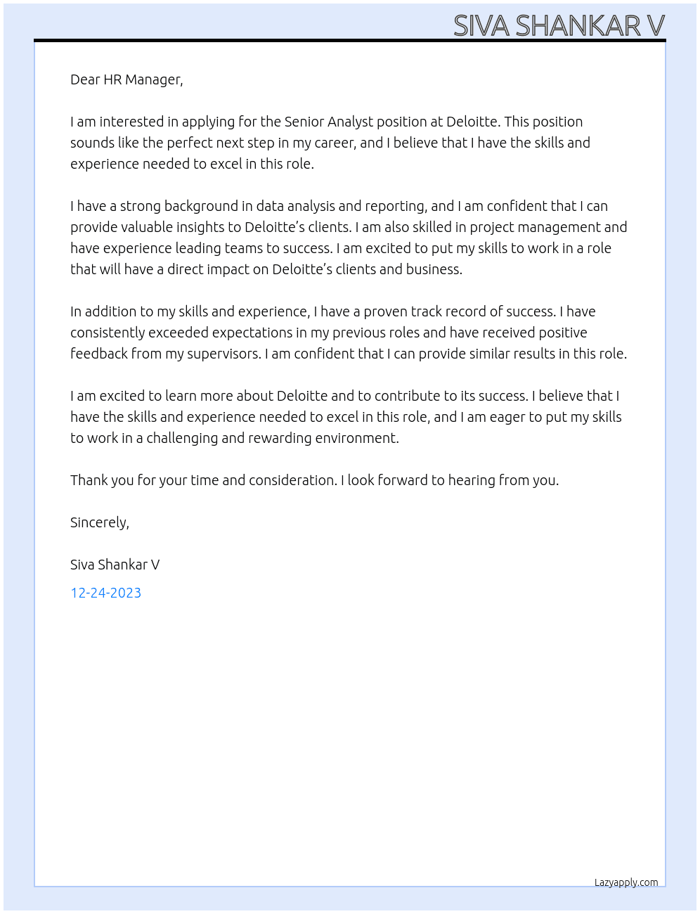 Senior Analyst At Deloitte Cover Letter