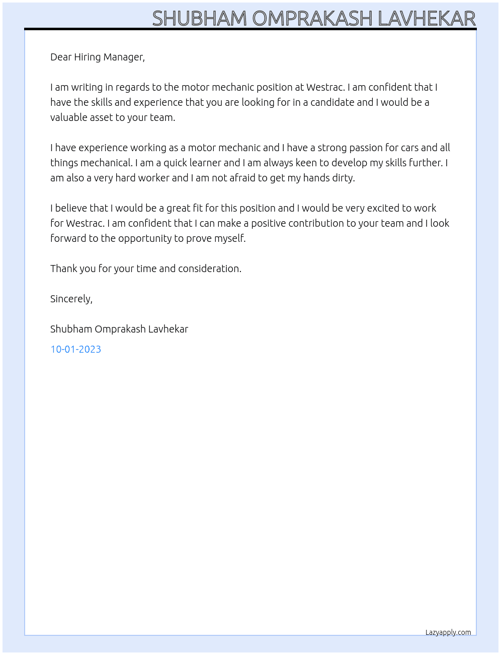 Motor mechanic  At Westrac Cover Letter