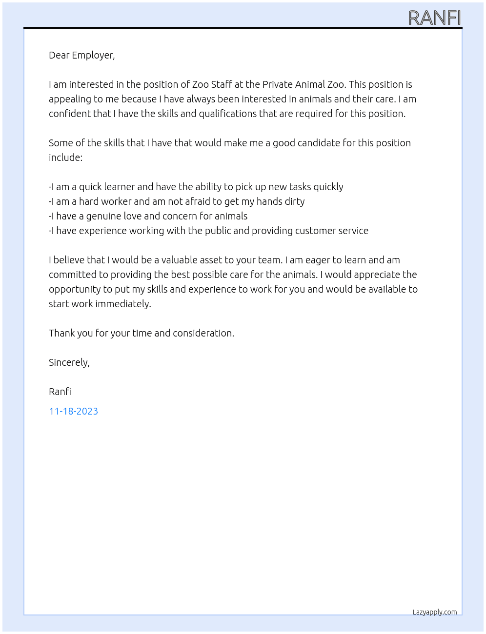 Zoo Staff  At Private Animal Zoo Cover Letter