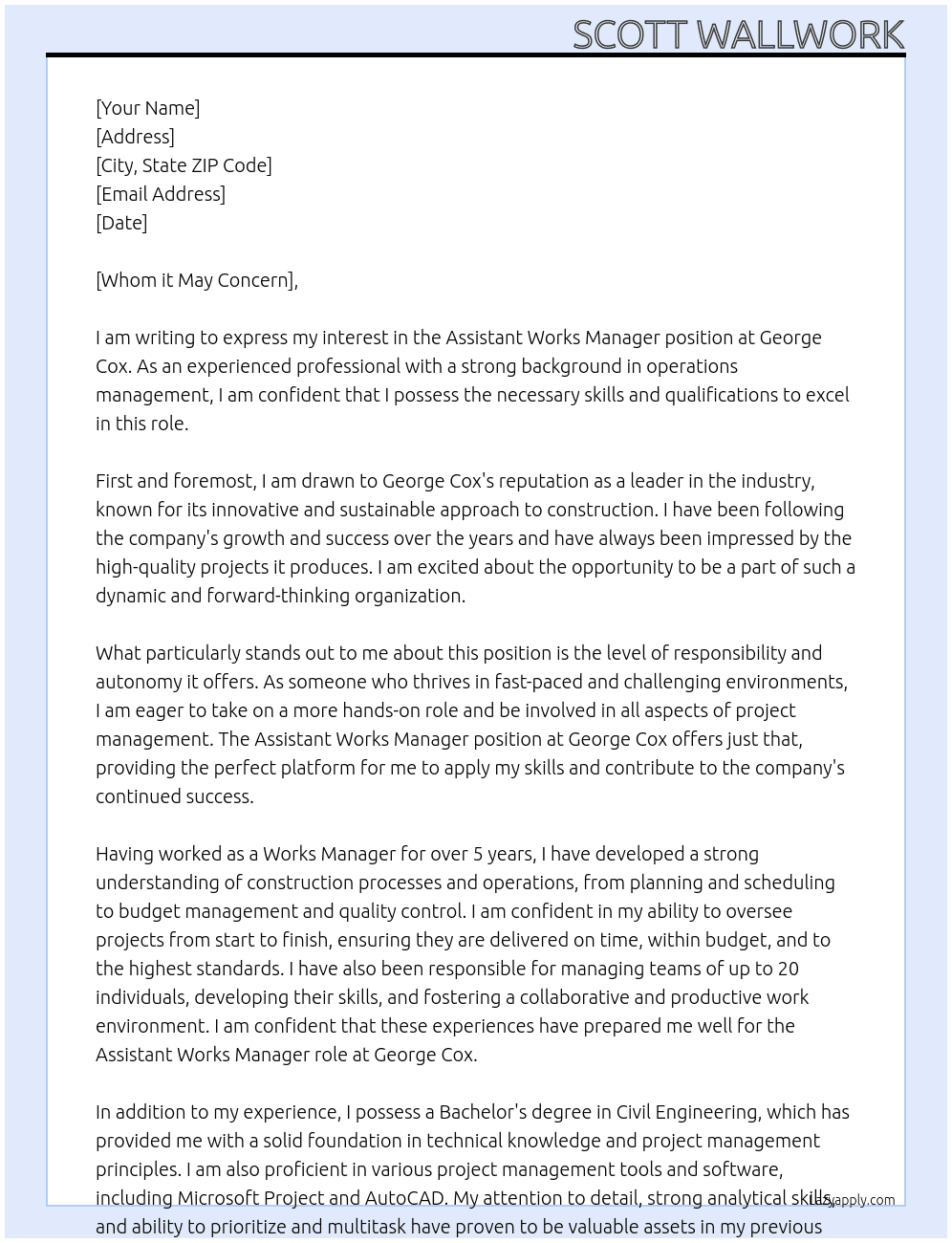 Assistant Works Manager At George Cox Cover Letter