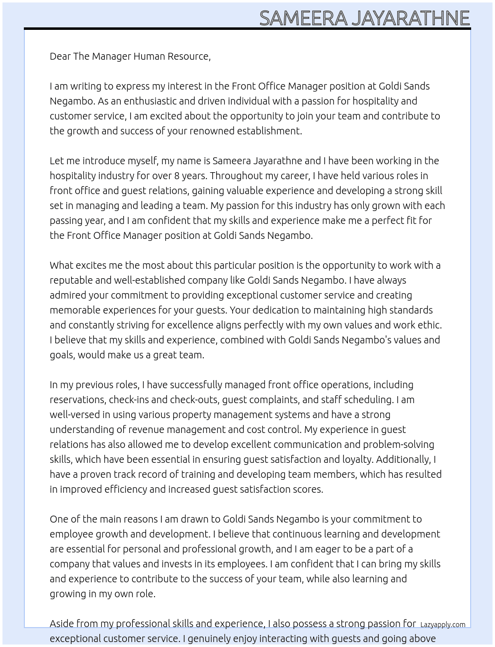 Front Office Manager At Goldi Sands Negambo Cover Letter