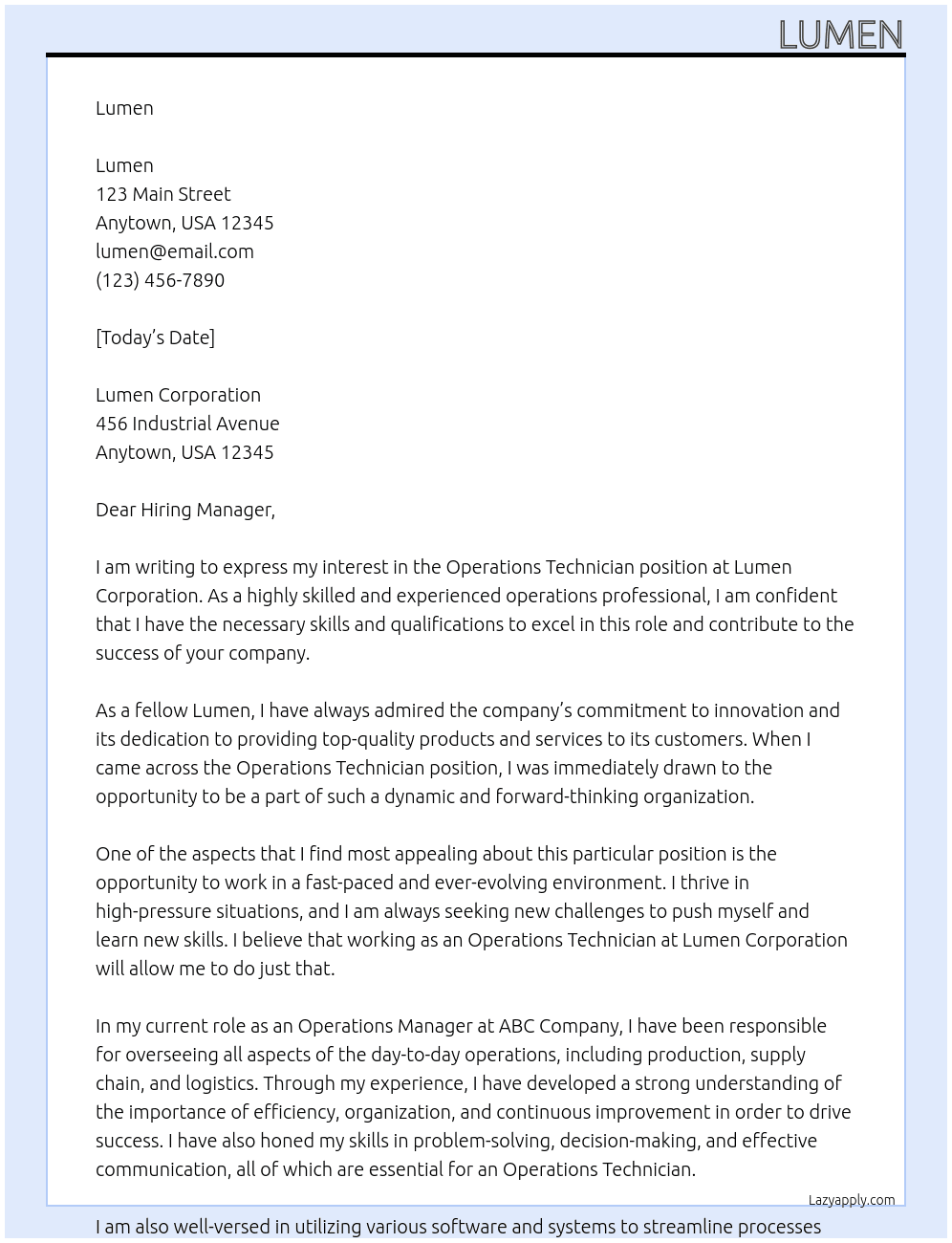 Operations Technician ! At Lumen Cover Letter