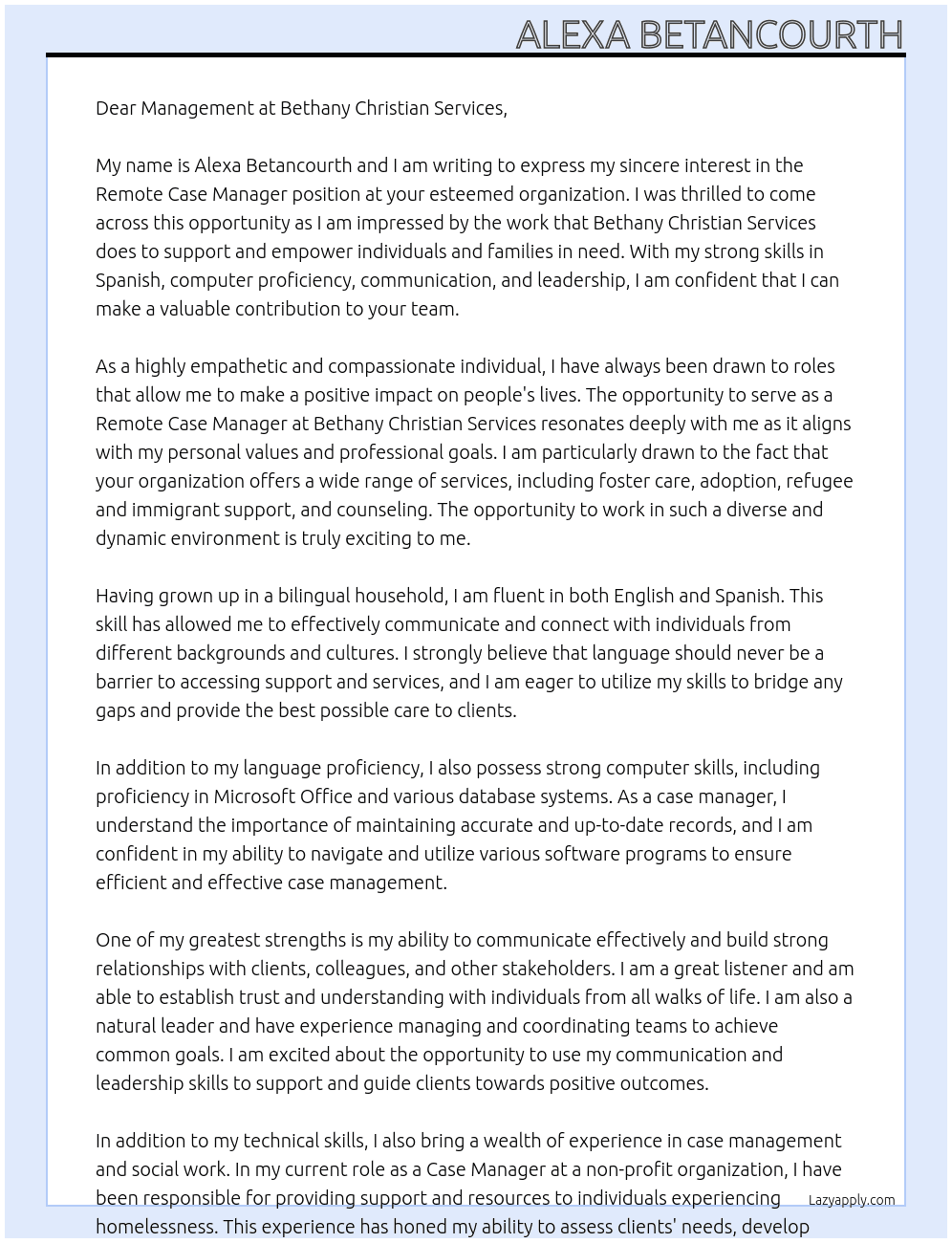 Remote Case Manager At Bethany Christian Services Cover Letter