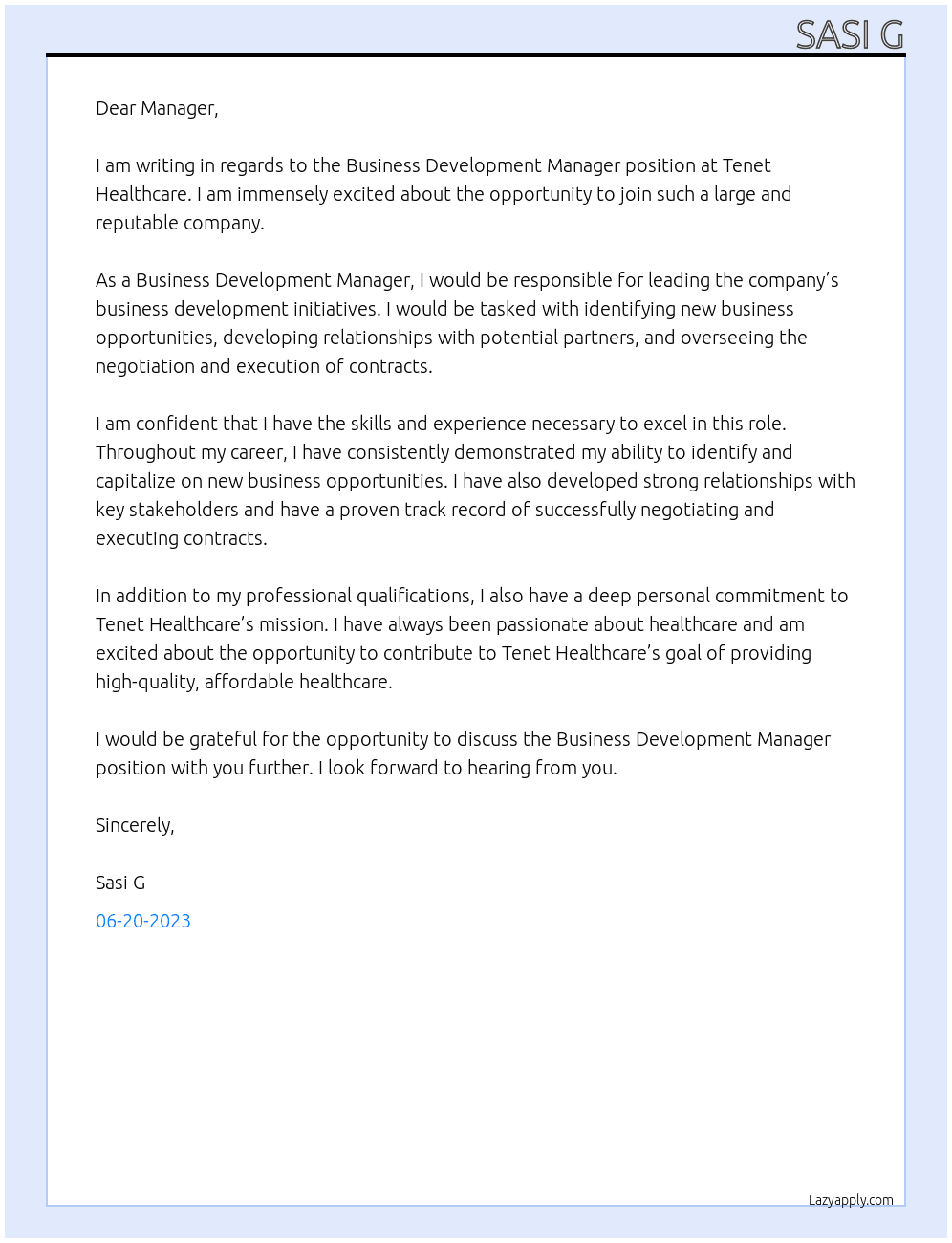 BUSINESS DEVELOPMENT MANAGER At TENET HEALTH CARE Cover Letter