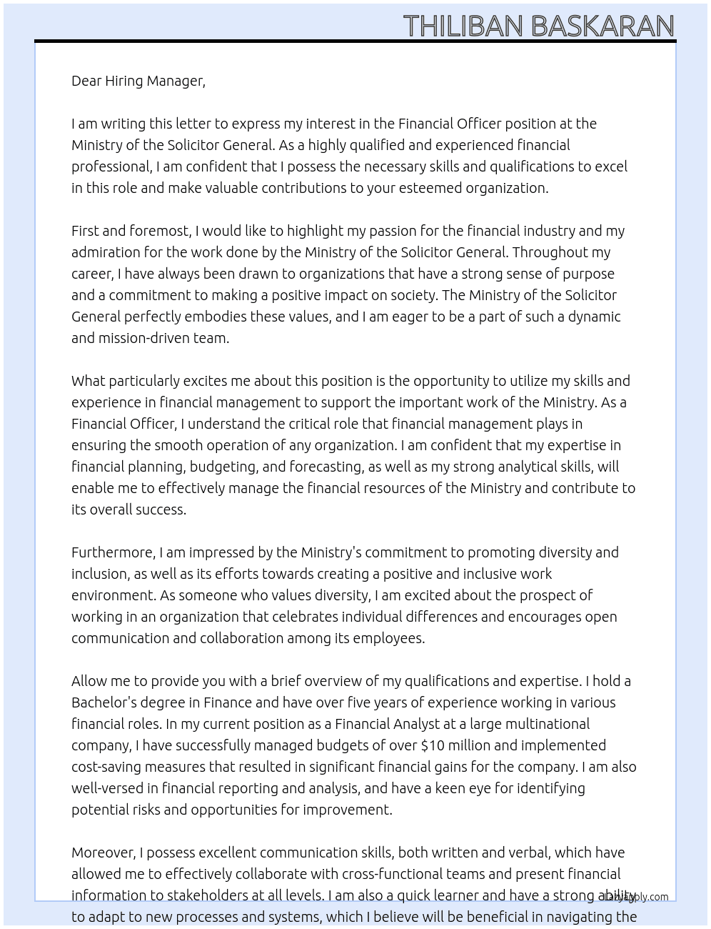 Financial Officer At Ministry of the Solicitor General Cover Letter