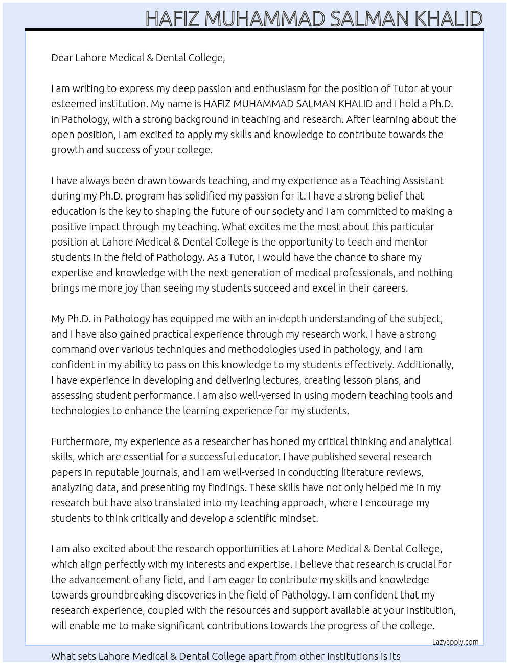 Tutor At Lahore Medical & Dental College  Cover Letter