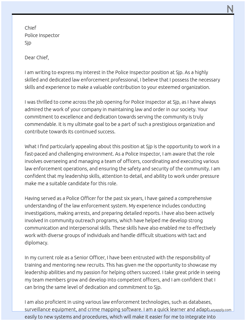 Police Inspector  At Sjp Cover Letter