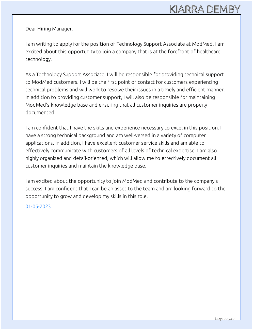 Technology Support Associate At ModMed Cover Letter