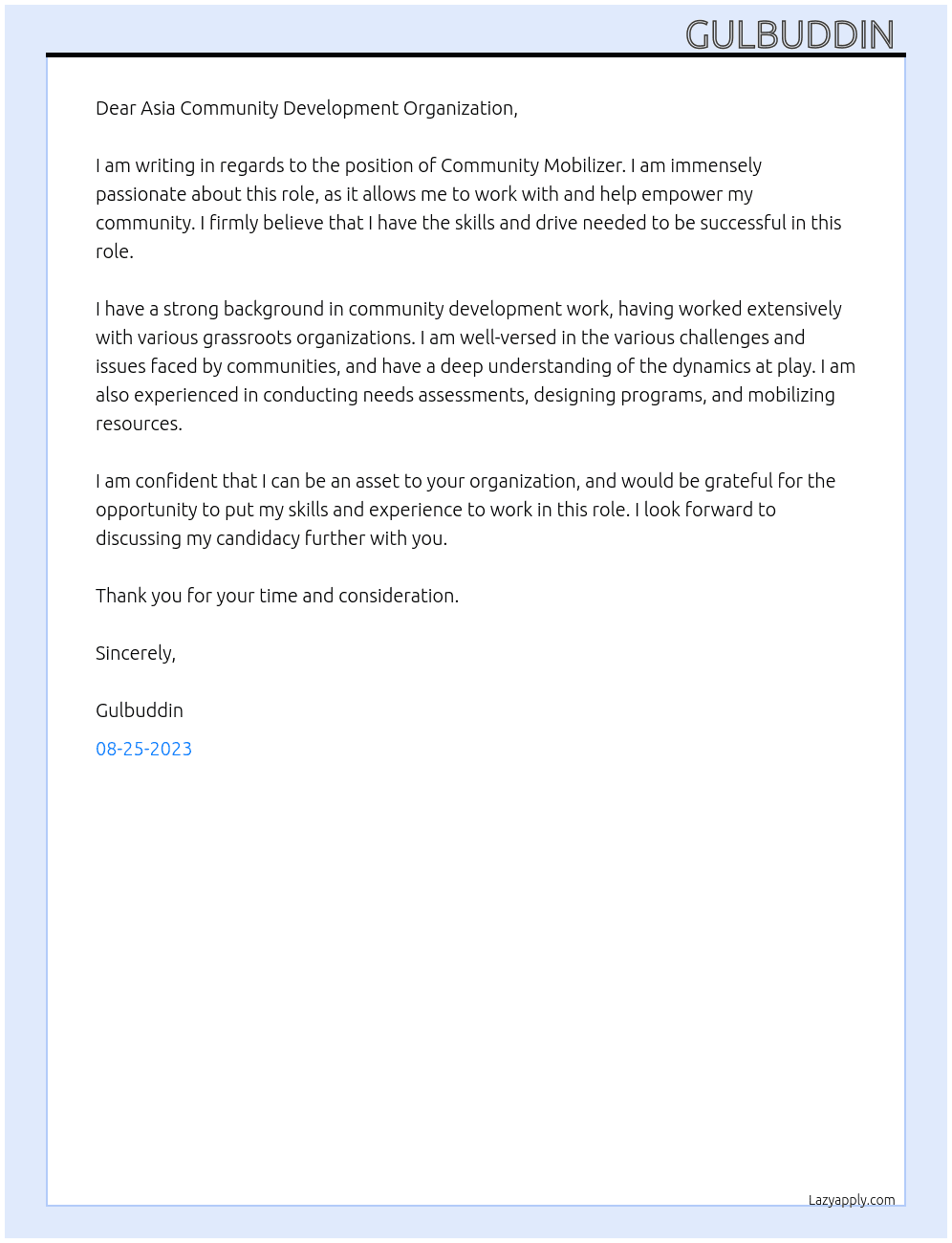 Community mobilizer  At Asia Community Development Organization Cover Letter