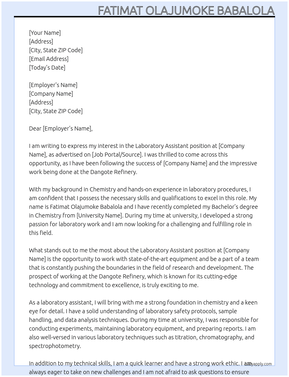 Laboratory assistant At Laboratory assistant Cover Letter