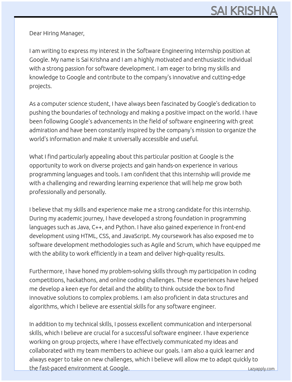 Software engineering internship  At Google Cover Letter