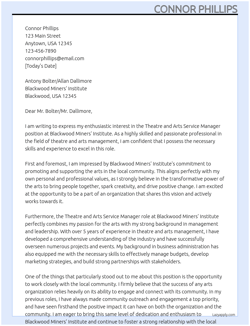 Theatre and Arts Service Manager At Blackwood Miners' Institute Cover Letter