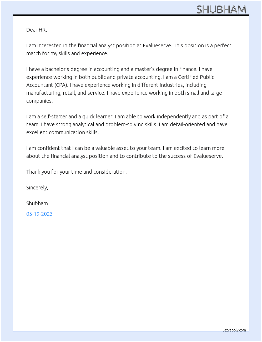 Financial Analyst At Evalueserve Cover Letter