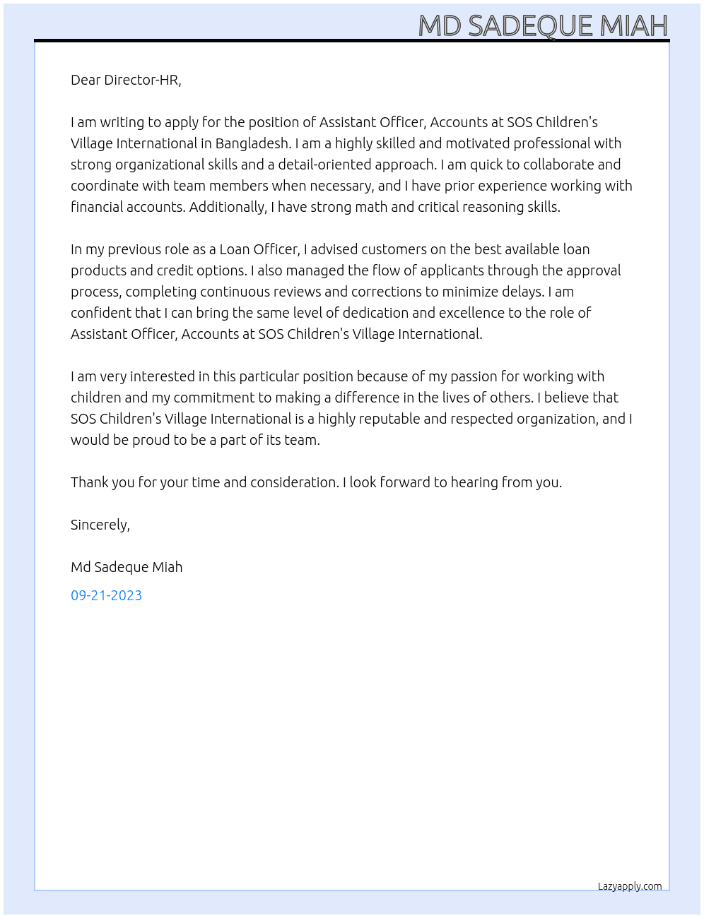 Assistant Officer, Accounts  At SOS Children's Village International in Bangladesh Cover Letter