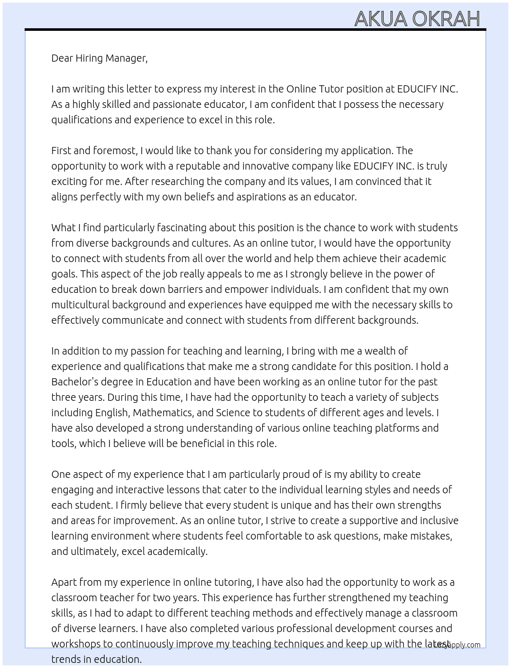 Online Tutor At EDUCIFY INC. Cover Letter