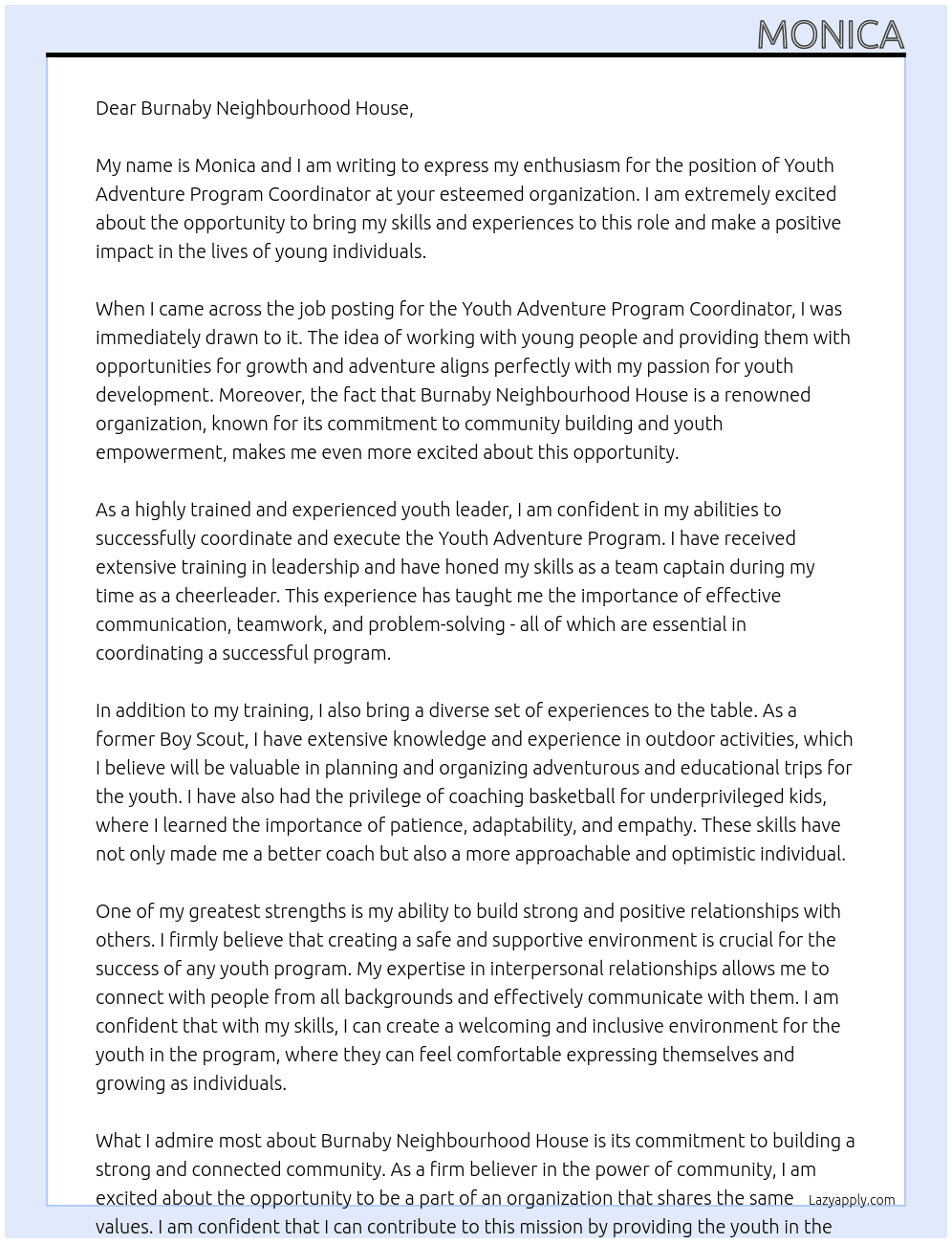Youth Adventure Program Coordinator At Burnaby Neighbourhood House Cover Letter